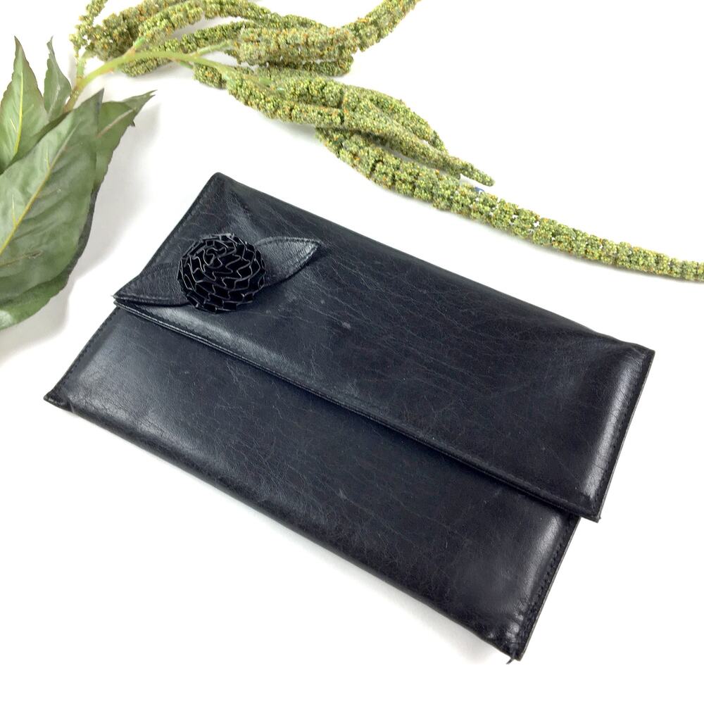 Vintage Black leather clutch with rosette